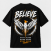 MURN black T-shirt back featuring large eagle graphic with Believe and Stay Wild typography