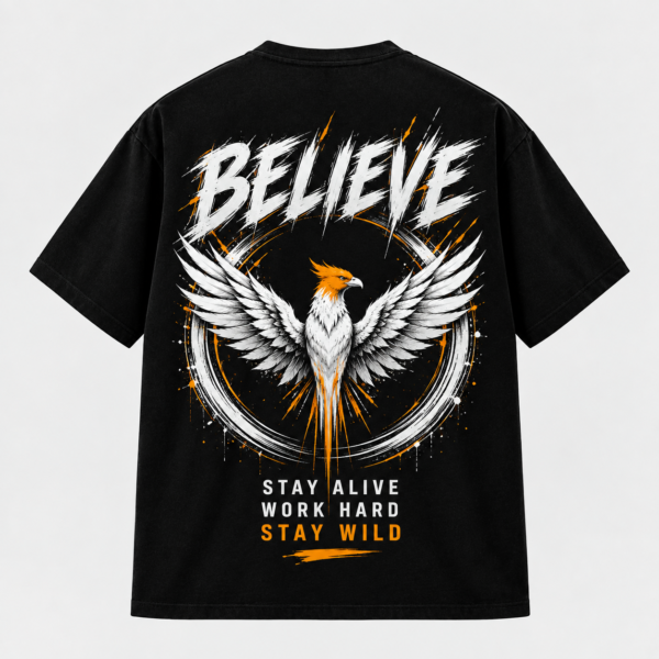 MURN black T-shirt back featuring large eagle graphic with Believe and Stay Wild typography