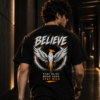 MURN black Believe eagle graphic T-shirt worn by model showing back design