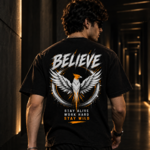 murn-believe-eagle-graphic-tshirt-black-model-back MURN black Believe eagle graphic T-shirt worn by model showing back design
