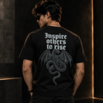 MURN black serpent graphic T-shirt worn by model showing back design