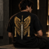 murn-winged-sword-graphic-tshirt-black-model-back MURN black winged sword graphic T-shirt worn by model showing back design